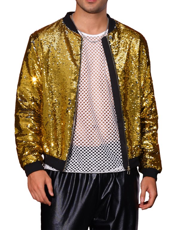 Shiny Sequin BomberJacket for Men's Zip Up Party Disco Metallic Varsity Jackets 2XL Golden