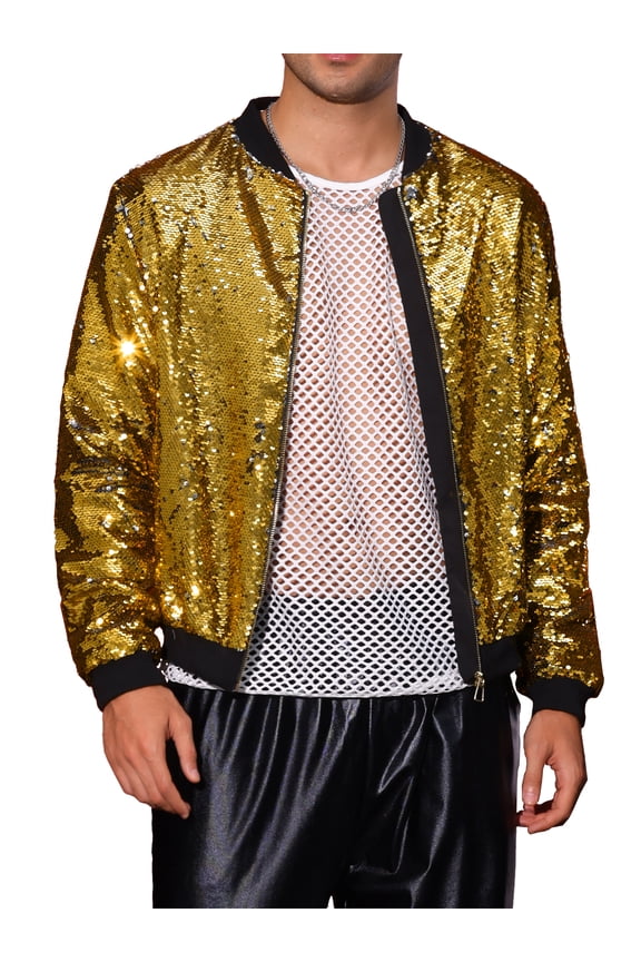 Shiny Sequin BomberJacket for Men's Zip Up Party Disco Metallic Varsity Jackets M Golden