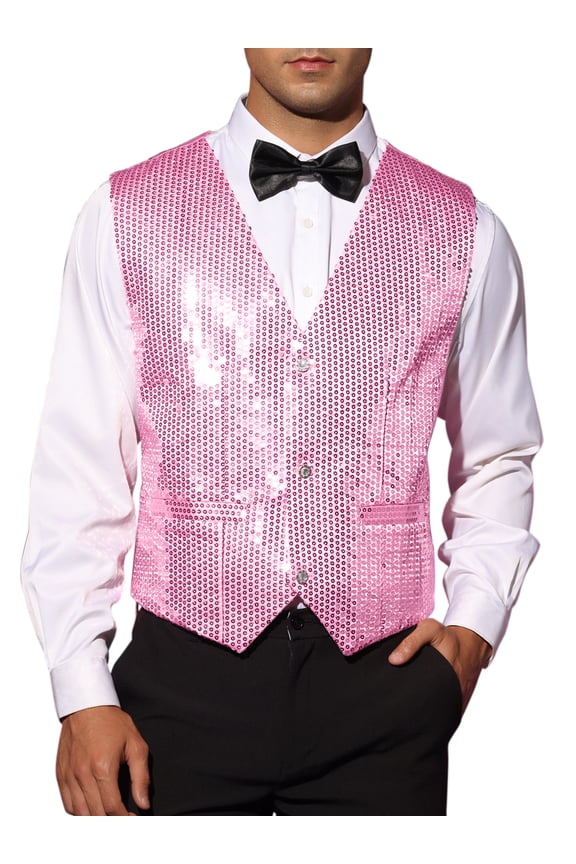 Shiny Sequin Vest for Men's V-Neck Party Sleeveless Suit Waistcoat M Pink