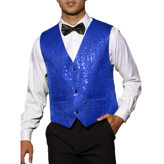 INSPIRE CHIC Shiny Sequin Vest for Men's V-Neck Party Sleeveless Suit Waistcoat S Blue