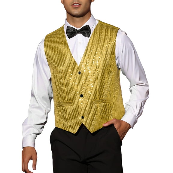 INSPIRE CHIC Shiny Sequin Vest for Men's V-Neck Party Sleeveless Suit Waistcoat M Golden