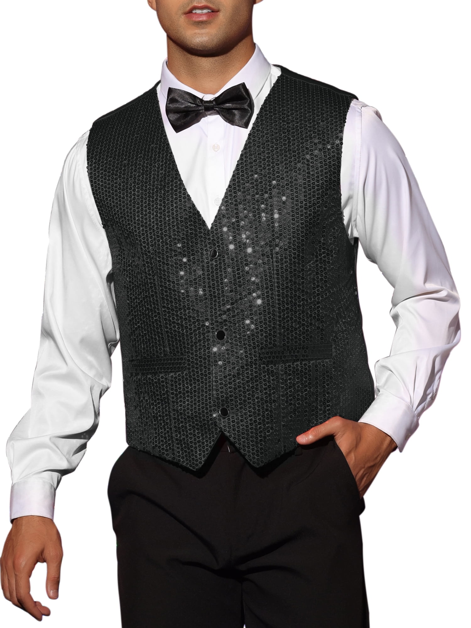 Unique Bargains Men's Disco Shiny Sequin Vest Suit Waistcoat