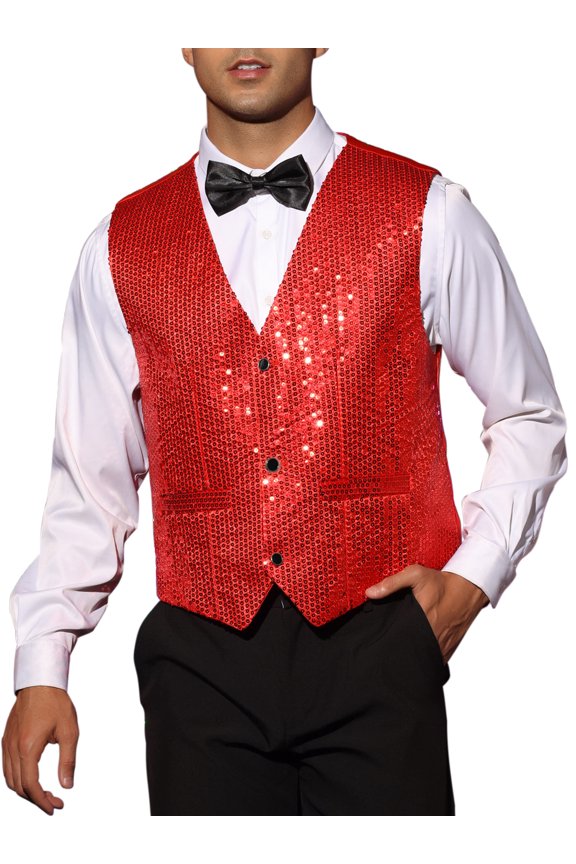 Shiny Sequin Vest for Men's V-Neck Party Sleeveless Suit Waistcoat L Red