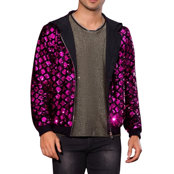 Argyle Sequins Jackets for Men's Long Sleeves Metallic Shiny Hooded Disco Jacket XL Rose Red