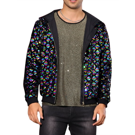 Argyle Sequins Jackets for Men's Long Sleeves Metallic Shiny Hooded Disco Jacket M Multicolor