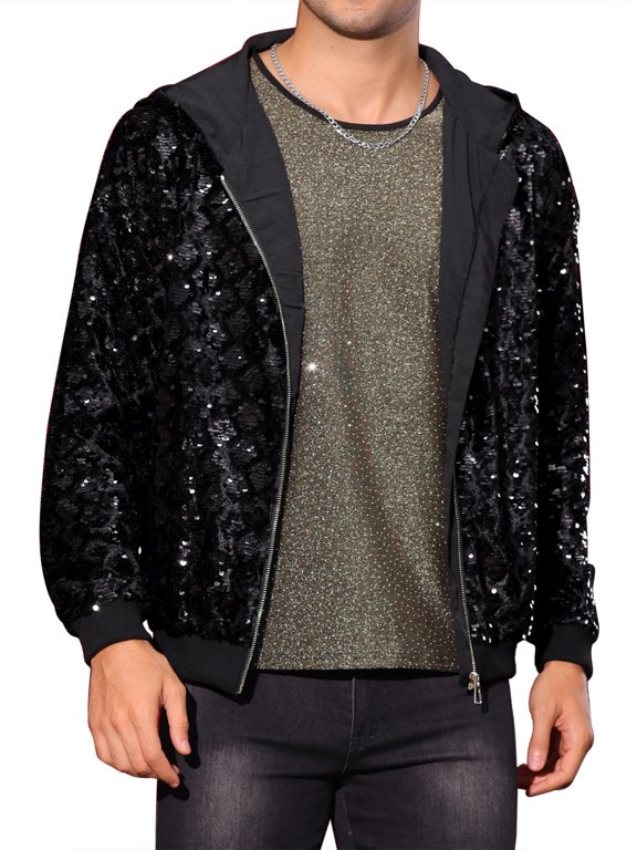 Argyle Sequins Jackets for Men's Long Sleeves Metallic Shiny Hooded Disco Jacket S Black