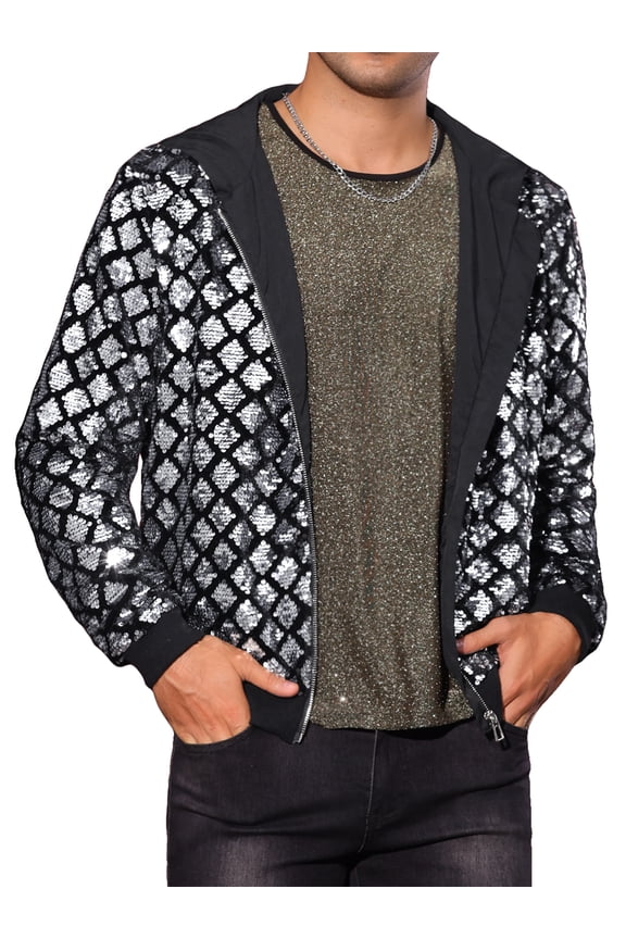 Argyle Sequins Jackets for Men's Long Sleeves Metallic Shiny Hooded Disco Jacket L Silver