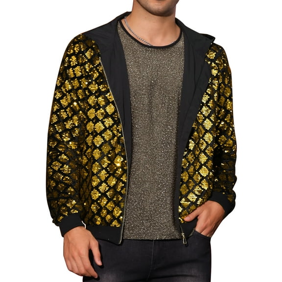 Argyle Sequins Jackets for Men's Long Sleeves Metallic Shiny Hooded Disco Jacket 2XL Golden