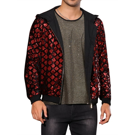 Argyle Sequins Jackets for Men's Long Sleeves Metallic Shiny Hooded Disco Jacket 2XL Red