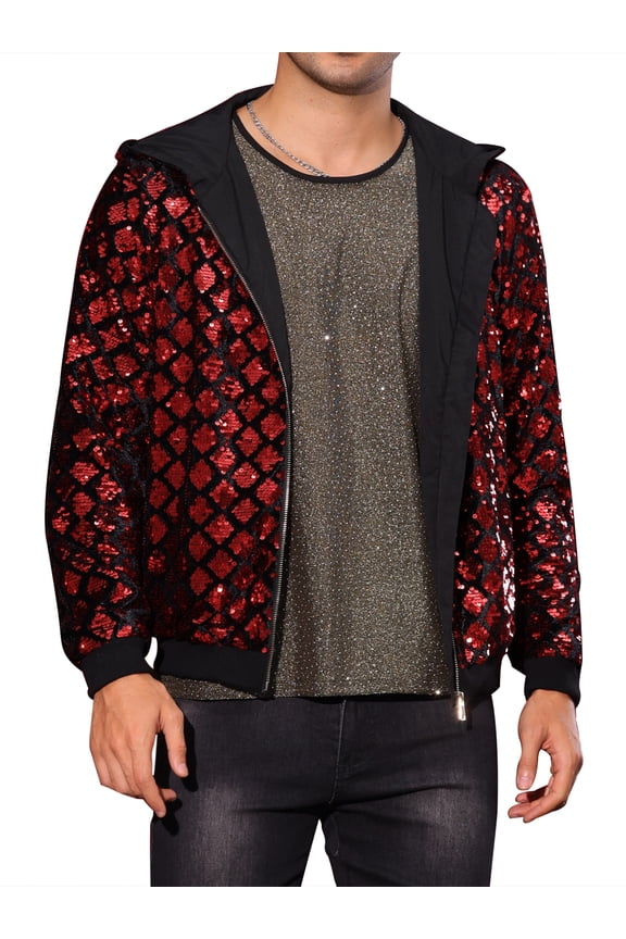 Argyle Sequins Jackets for Men's Long Sleeves Metallic Shiny Hooded Disco Jacket L Red