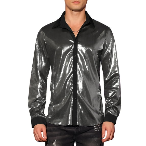 INSPIRE CHIC Shiny Shirt for Men's Long Sleeves Party Nightclub Glitter Metallic Shirts XL Silver