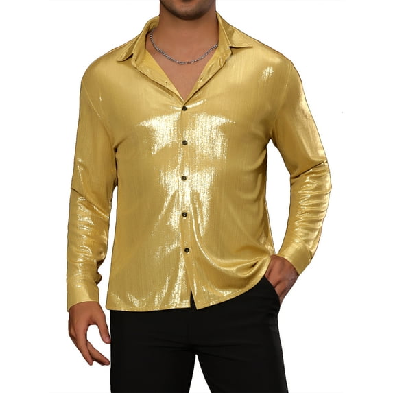 INSPIRE CHIC 70s Disco Shirts for Men's Long Sleeves Button Down Party Costume Metallic Shirt 2XL Golden