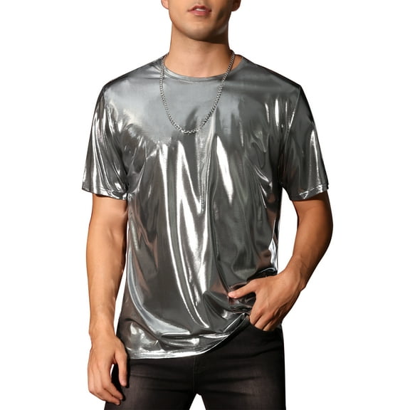 INSPIRE CHIC Shiny T-Shirt for Men's Crew Neck Short Sleeves Party Disco Metallic Tee Tops