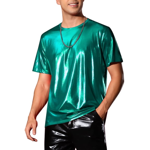 INSPIRE CHIC Shiny T-Shirt for Men's Crew Neck Short Sleeves Party Disco Metallic Tee Tops