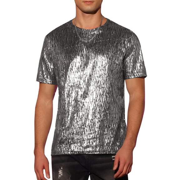 INSPIRE CHIC Shiny T-Shirt for Men's Round Neck Short Sleeves Club Prom Sparkle Tee Top L Silver
