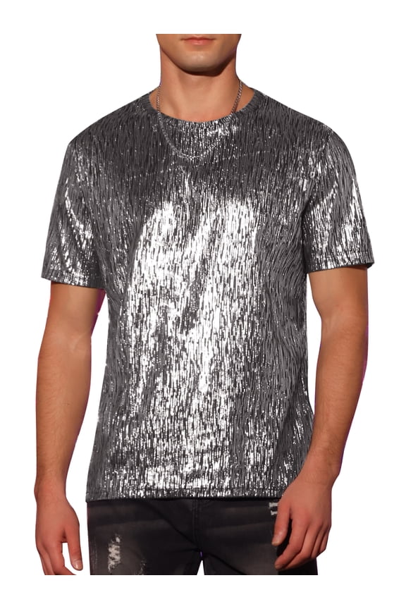 Shiny T-Shirt for Men's Round Neck Short Sleeves Club Prom Sparkle Tee Top S Silver