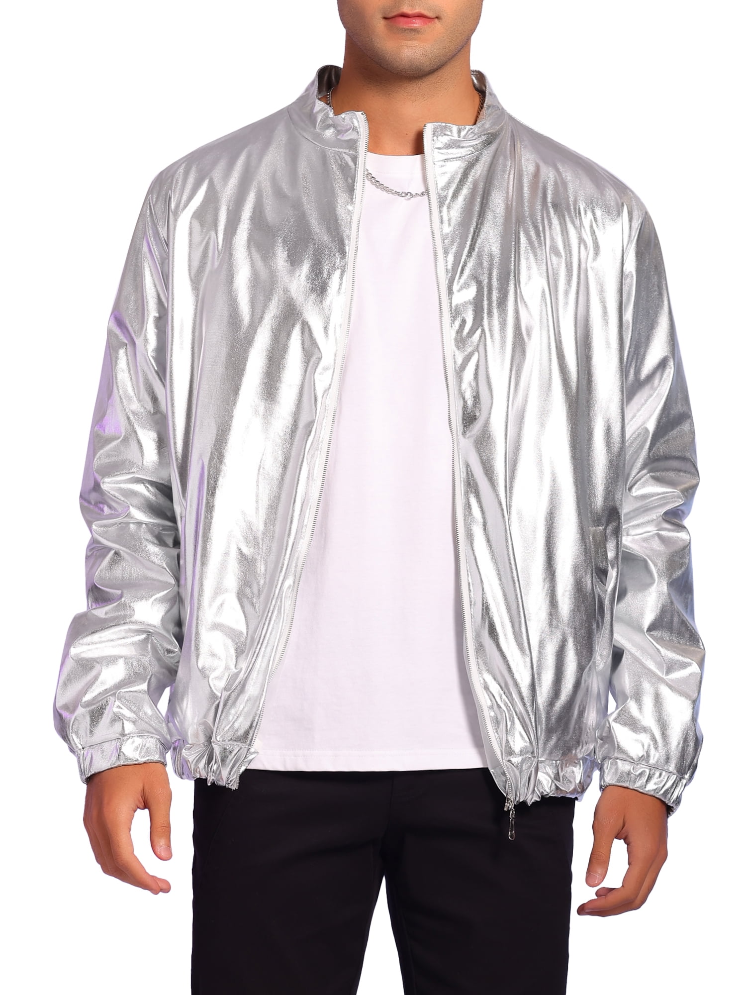 Men Metallic Shiny Silver Gold Lightweight Slim Fit Bomber Jacket