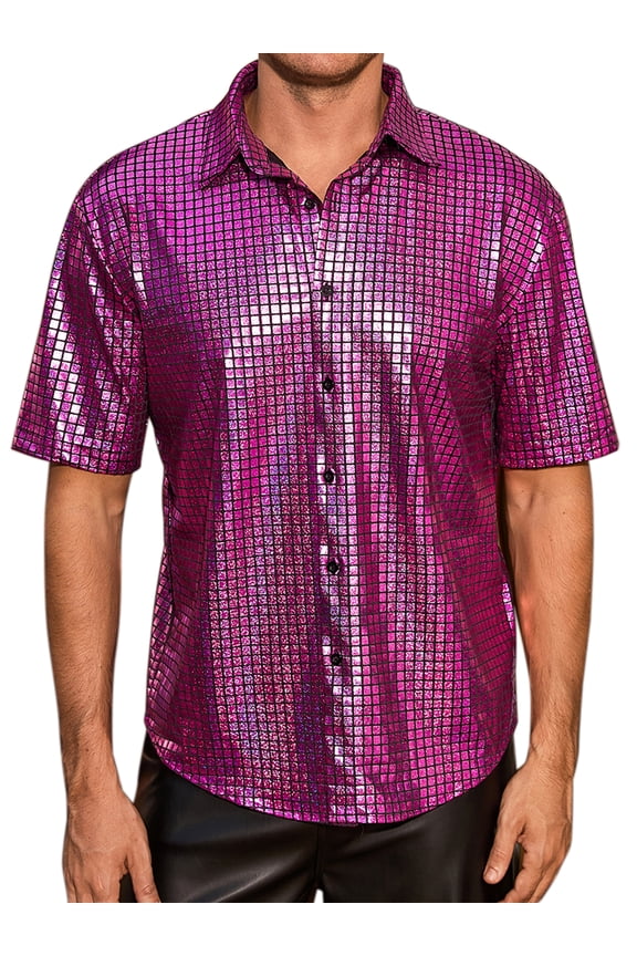 Shirts for Men's Button Down Short Sleeve Nightclub Prom Shiny Party 70s Disco Shirt L Rose Red