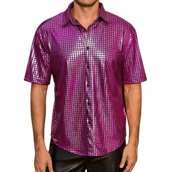INSPIRE CHIC Shirts for Men's Button Down Short Sleeve Nightclub Prom Shiny Party 70s Disco Shirt S Rose Red