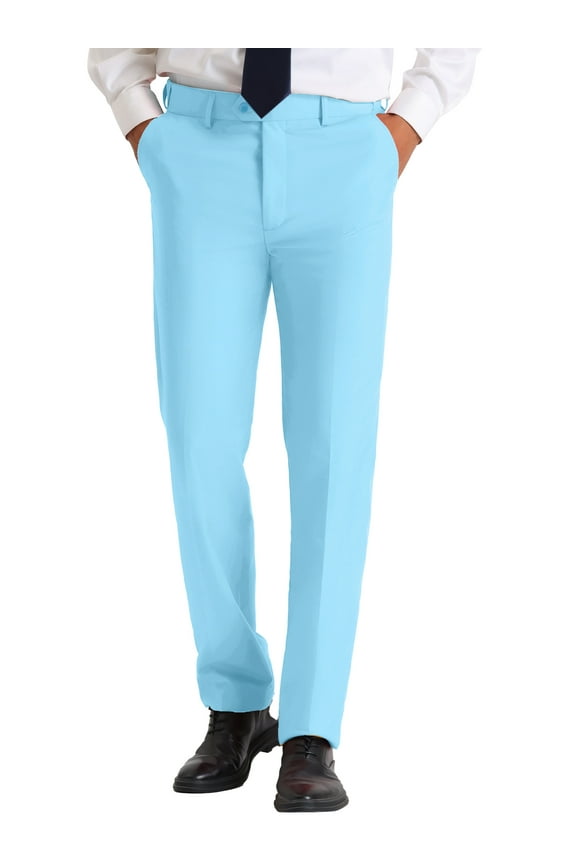 Easter Edition Solid Dress Pants for Men's Business Button Closure Flat Front Formal Trousers 32 Light Blue
