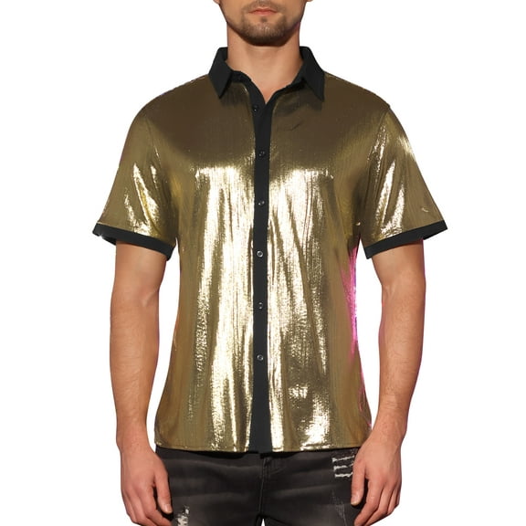 INSPIRE CHIC Sparkle Disco Shirt for Men's Short Sleeves Button Down Nightclub Party Shirts L Golden