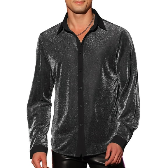 INSPIRE CHIC Men's Shirt Sparkle Dress Long Sleeve Party Shining Texture Shirt 2XL Silver