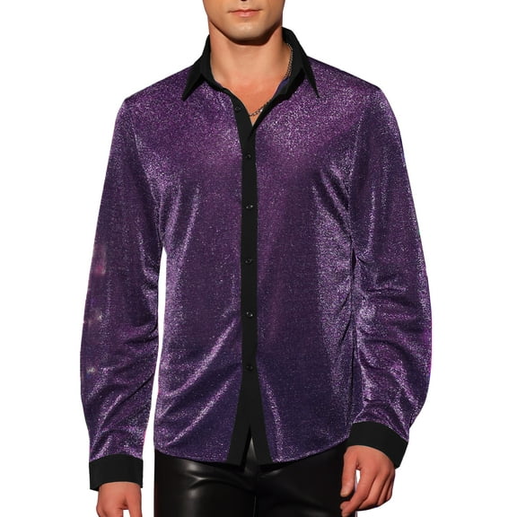 INSPIRE CHIC Men's Shirt Sparkle Dress Long Sleeve Party Shining Texture Shirt XL Purple