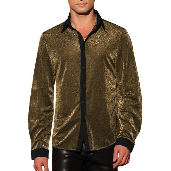 INSPIRE CHIC Men's Shirt Sparkle Dress Long Sleeve Party Shining Texture Shirt XL Golden