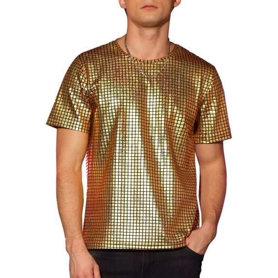 INSPIRE CHIC Metallic T-Shirt for Men's Round Neck Short Sleeves Sparkle Glitter Tee L Golden