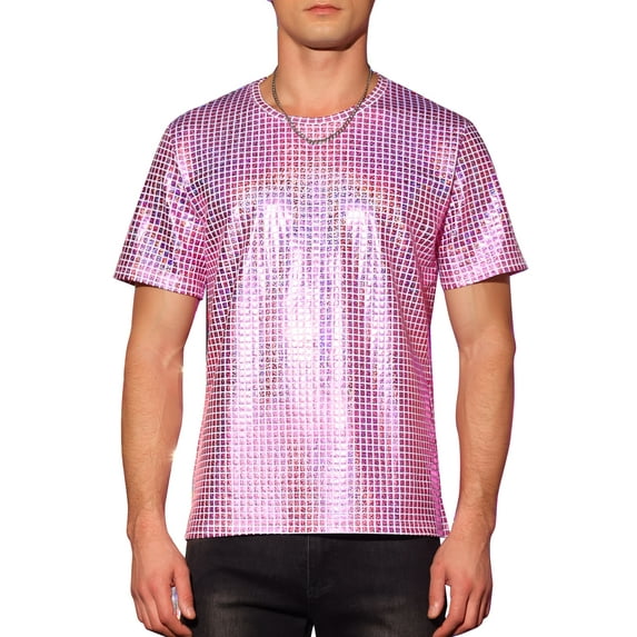 INSPIRE CHIC Metallic T-Shirt for Men's Round Neck Short Sleeves Sparkle Glitter Tee 2XL Pink