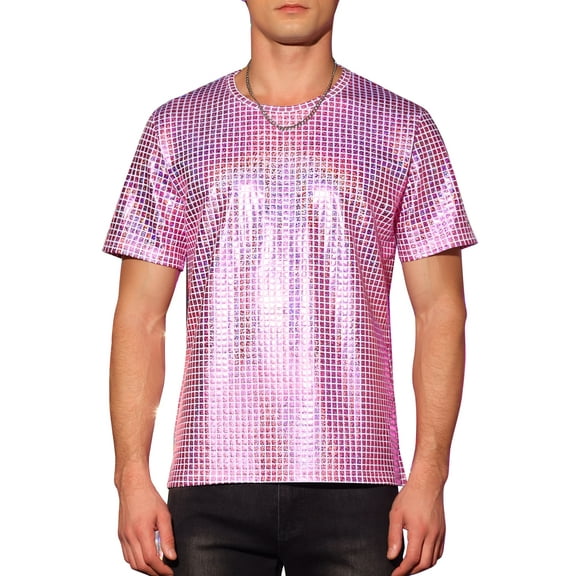 INSPIRE CHIC Metallic T-Shirt for Men's Round Neck Short Sleeves Sparkle Glitter Tee S Pink