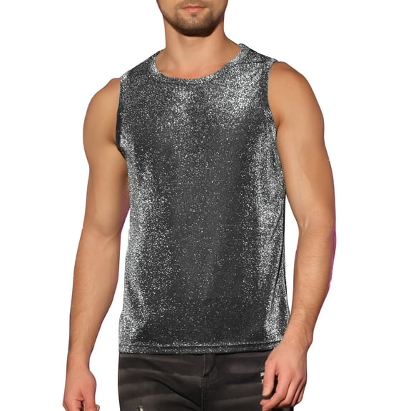 INSPIRE CHIC Glitter Tank Top for Men's Slim Fit Sleeveless Disco See Through Sparkly Vest 2XL Silver