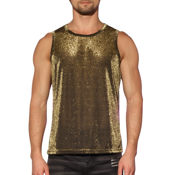 INSPIRE CHIC Glitter Tank Top for Men's Slim Fit Sleeveless Disco See Through Sparkly Vest 2XL Golden