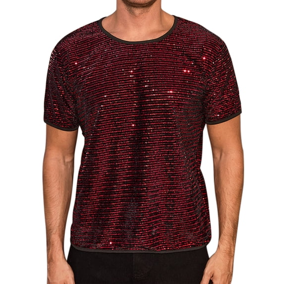 INSPIRE CHIC Sparkling T-Shirt for Men's Round Neck Short Sleeve Party Clubwear Glitter Top M Red