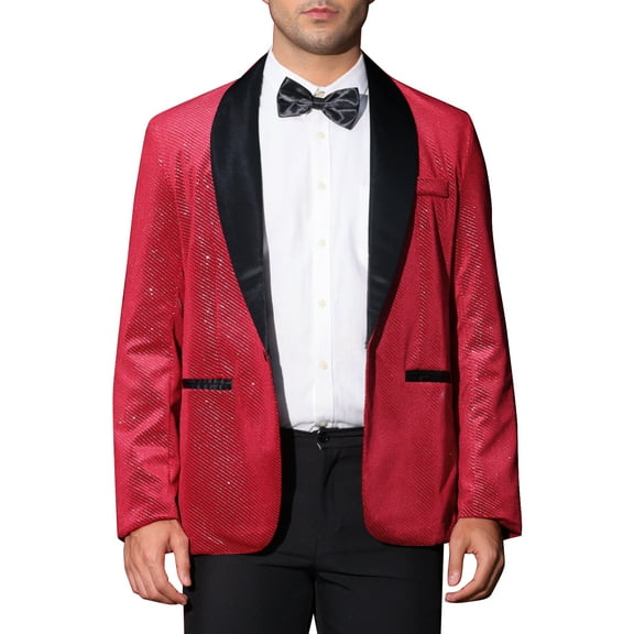 INSPIRE CHIC Men's Suit Jacket Shawl Lapel One Button Metallic Shining Fabric​ Blazers S Burgundy