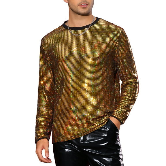 INSPIRE CHIC Sparkly Sequin T-Shirt for Men's Round Neck Long Sleeve Disco Party Metallic Tee