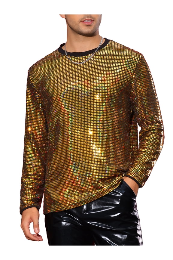 Sparkly Sequin T-Shirt for Men's Round Neck Long Sleeve Disco Party Metallic Tee
