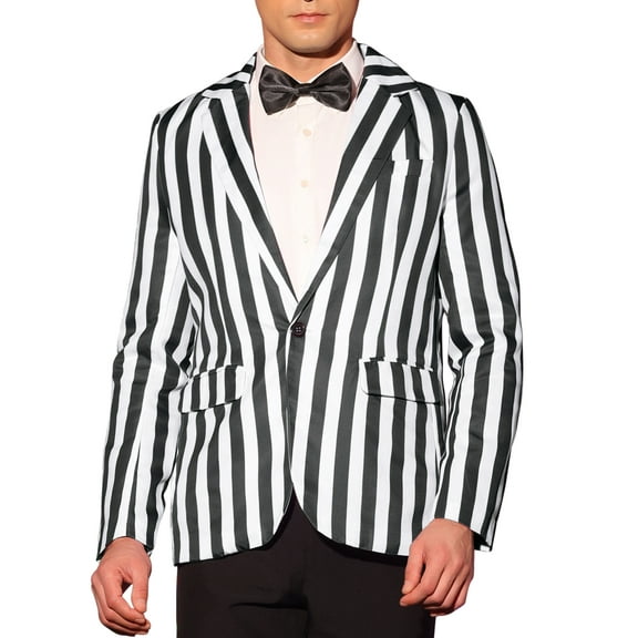 INSPIRE CHIC Men's Blazers Striped Pattern One Button Notach Lapel Collar Coat L Black White