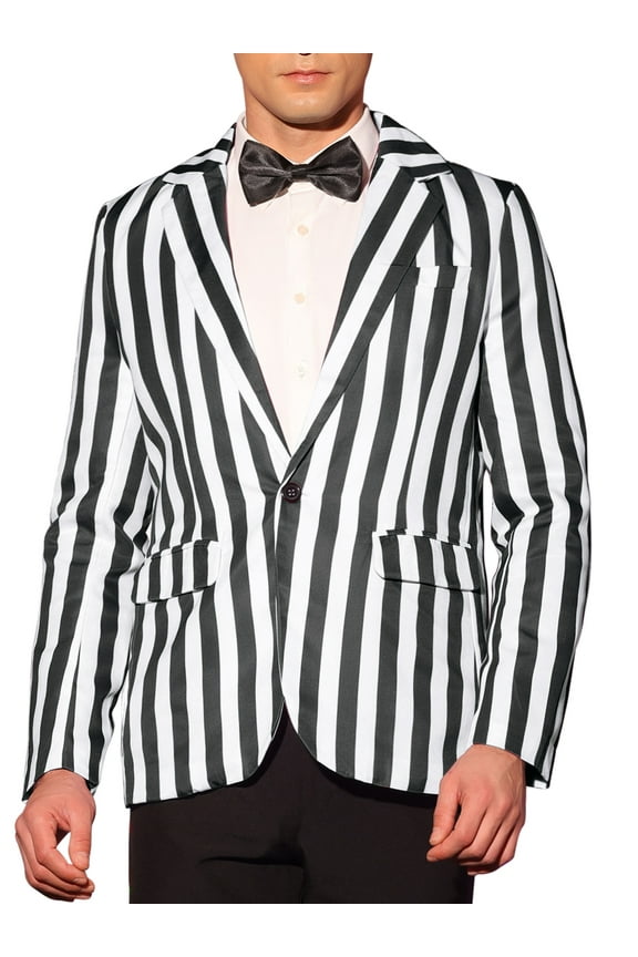 Men's Blazers Striped Pattern One Button Notach Lapel Collar Coat 2XL Black White