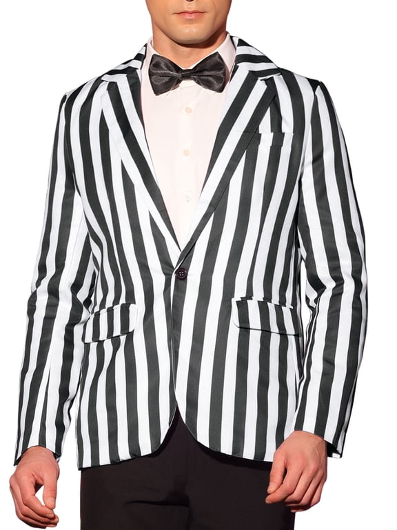 Men's Blazers Striped Pattern One Button Notach Lapel Collar Coat XL Black White