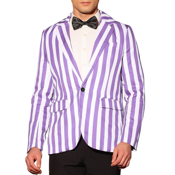 INSPIRE CHIC Men's Blazers Striped Pattern One Button Notach Lapel Collar Coat XL Purple White