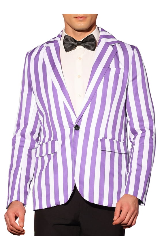 Men's Blazers Striped Pattern One Button Notach Lapel Collar Coat M Purple White