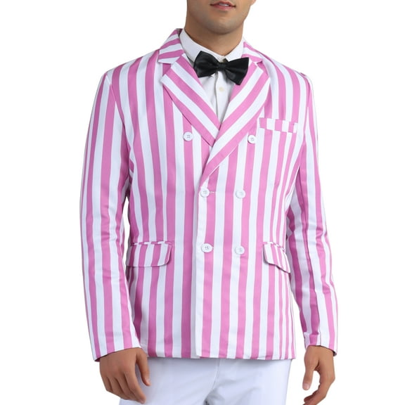 INSPIRE CHIC Striped Blazers for Men's Peak Lapel Sports Coat Double Breasted Business Stripes Suit Jacket L Pink White