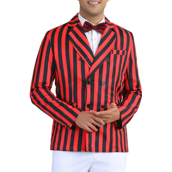 INSPIRE CHIC Striped Blazers for Men's Peak Lapel Sports Coat Double Breasted Business Stripes Suit Jacket L Red Black