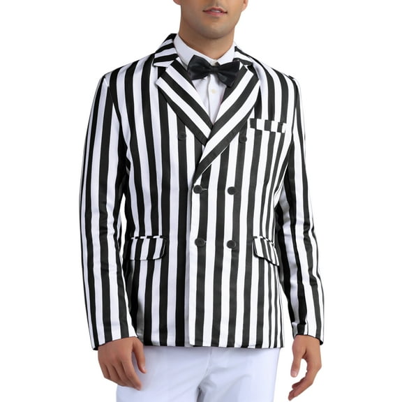 INSPIRE CHIC Striped Blazers for Men's Peak Lapel Sports Coat Double Breasted Business Stripes Suit Jacket M Black White