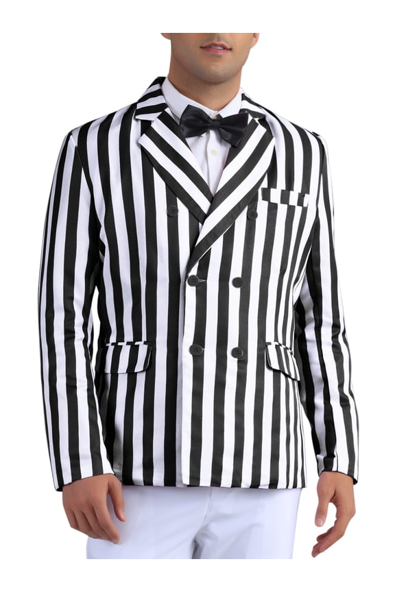 Striped Blazers for Men's Peak Lapel Sports Coat Double Breasted Business Stripes Suit Jacket M Black White