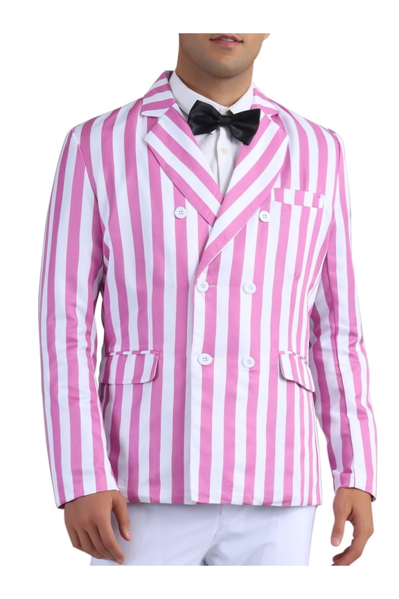 Striped Blazers for Men's Peak Lapel Sports Coat Double Breasted Business Stripes Suit Jacket S Pink White