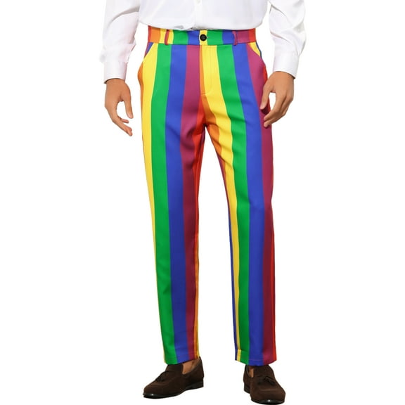 INSPIRE CHIC Men's Pants Bold Colorful Stripe Regular Fit Flat Front Dress Pants 30 Rainbow