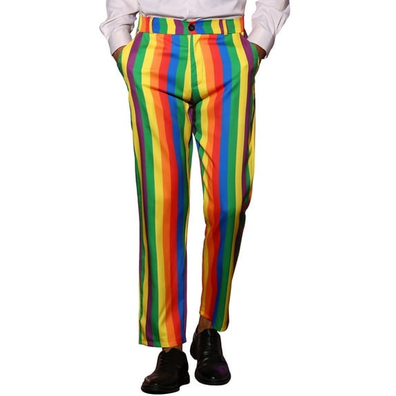 INSPIRE CHIC Men's Pants Bold Colorful Stripe Regular Fit Flat Front Dress Pants 36 Rainbow Green