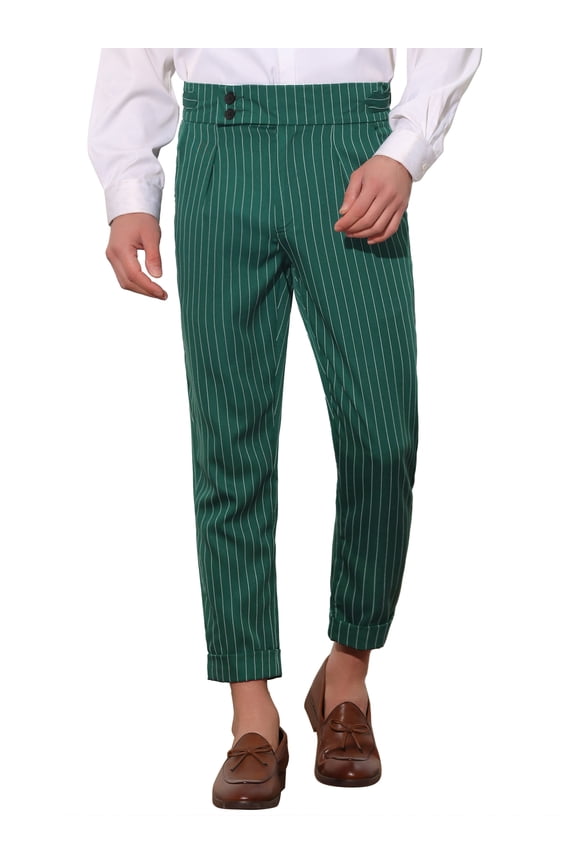 Striped Dress Pants for Men's Pleated Front Business Tapered Cropped Trousers 28 Green